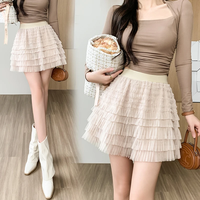 

New Casual Woman Mesh Fold Mini Cake Skirt Womens Korean Fashion Office Lady Wear Female OL Girls Cute Sexy Black Pleated Skirs