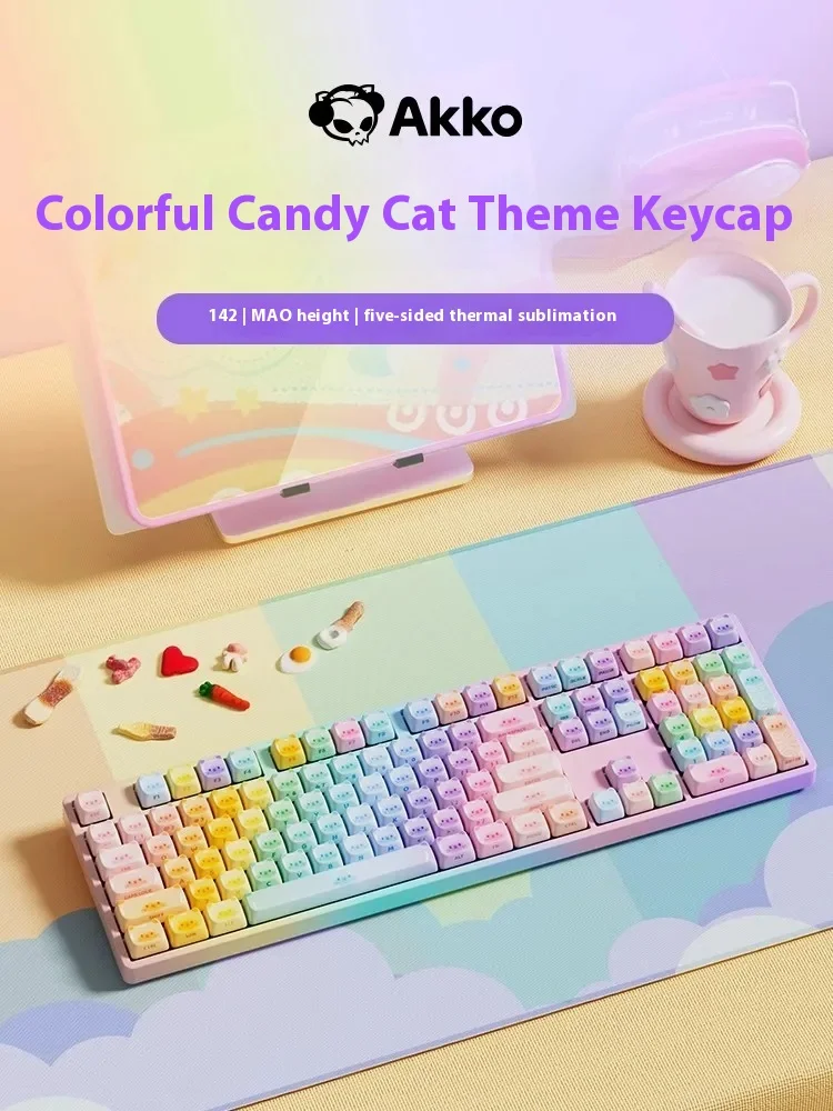 Akko Keycap Rainbow Cat Mao Keycaps, 142 touches, sublimation thermique, mignon, personnalisé pour clavier mécanique, cadeau pour fille, bureau