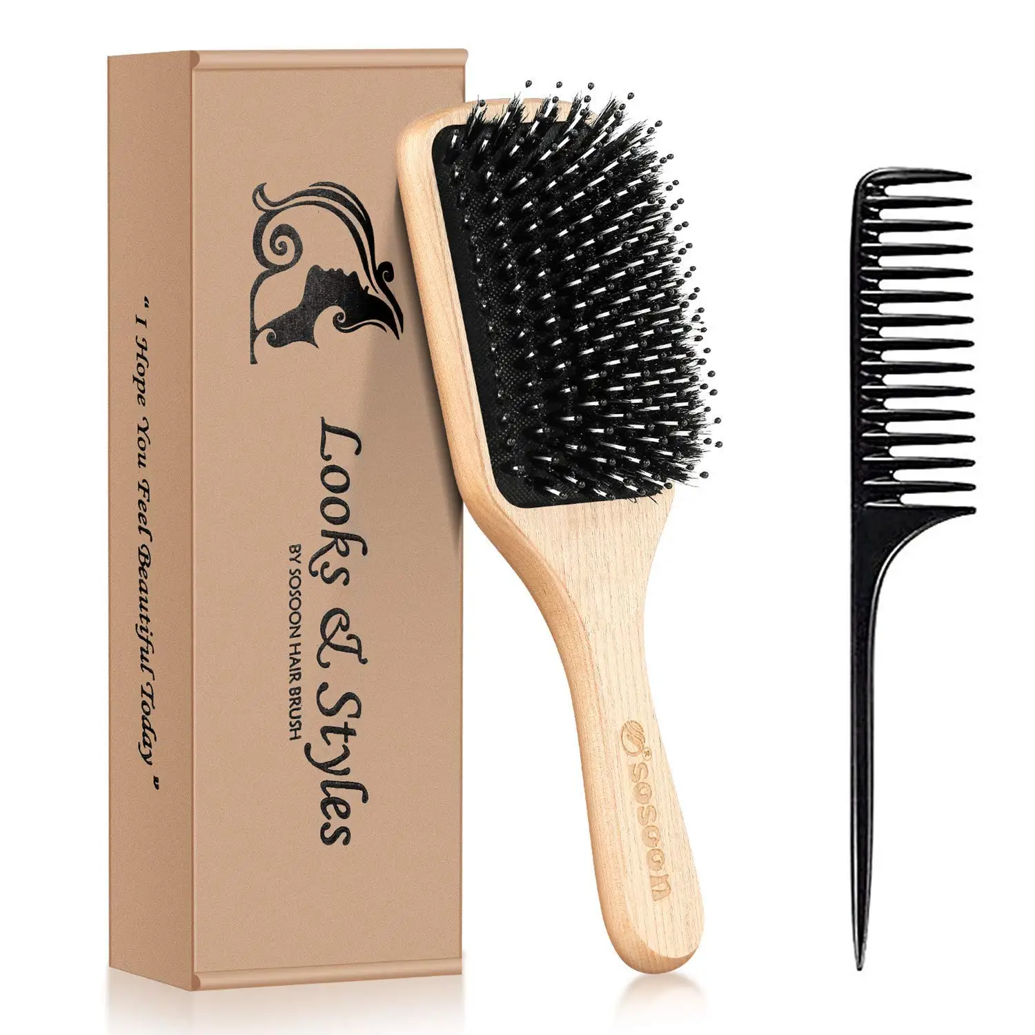

Boar Bristle Paddle Hairbrush for All Hair Types, Detangles, Adds Shine, Gift Box & Tail Comb Included