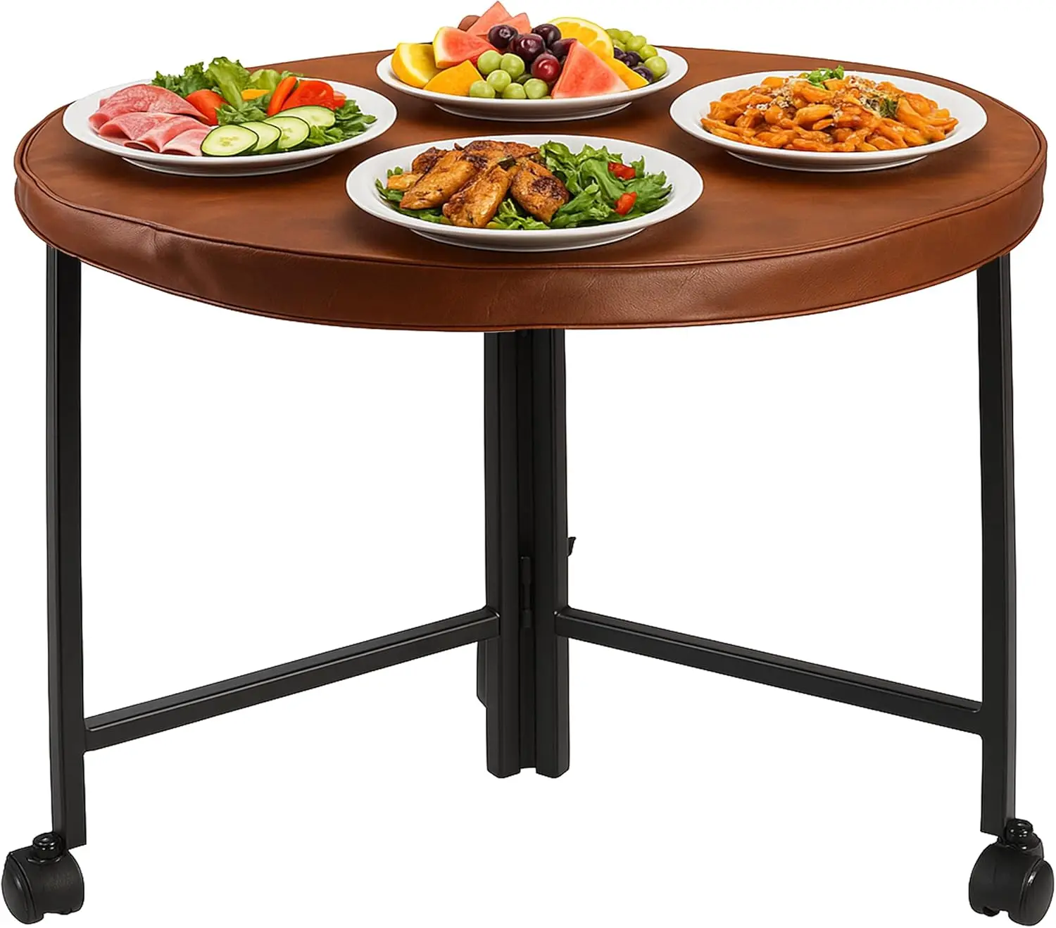 Round Folding Table 48 inch w/Lockable Wheels Heavy Duty Indoor & Outdoor Round Table,Foldable Round Table w/Leather Top