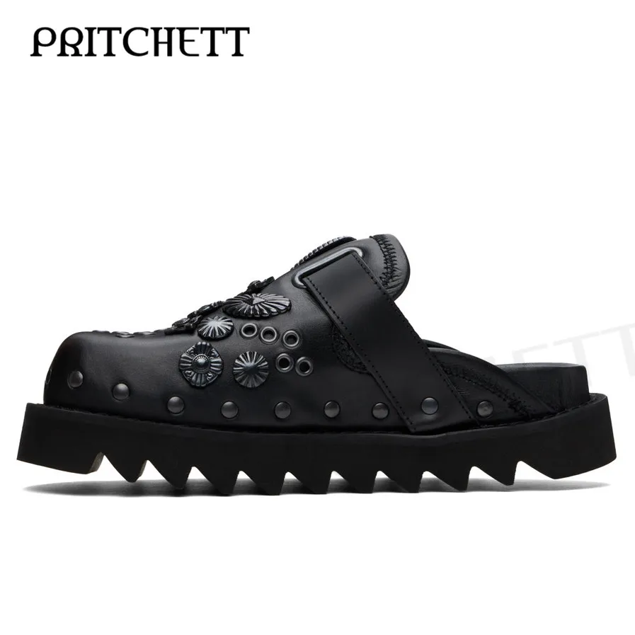 Black and White Belt Mule Buckle Slippers with Color Matching Round Toe Thick Soles Retro Rivets Casual Fashion Sandals for Men