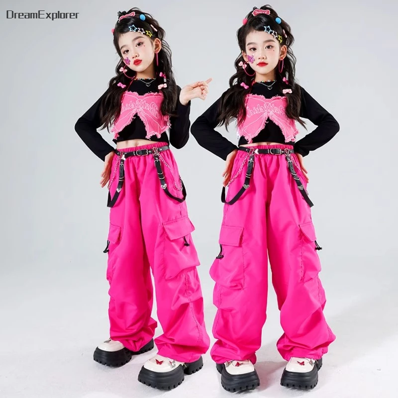 Girls Streetwear Kids Hip Hop Crop Top Cute Butterfly Vest Elegant Cargo Pants Children Jazz Street Dance Costumes Clothes Sets