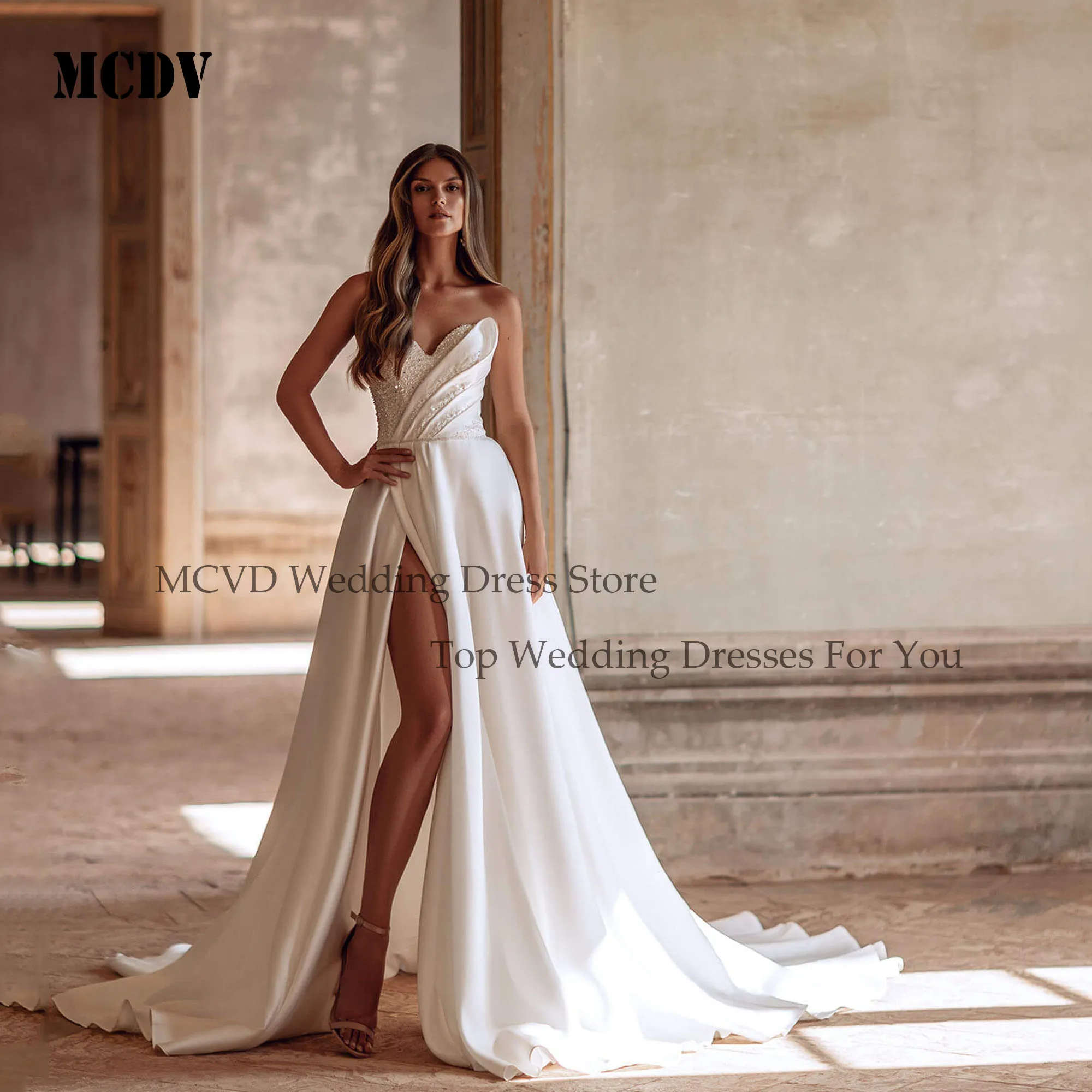 

MCDV Beading Strapless Satin Wedding Dresses 2025 Side Split A Line Sequined Luxury Bride Gowns Customized robe de mariée