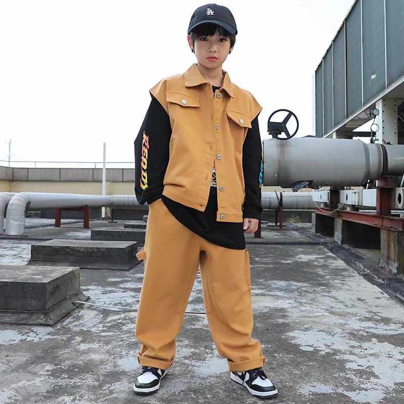 

Boys Hip Hop Dance Clothes Khaki Vest Pants Long Sleeves Hip Hop Suit Girls Jazz Performance Costume Teenager Clothes BL12137