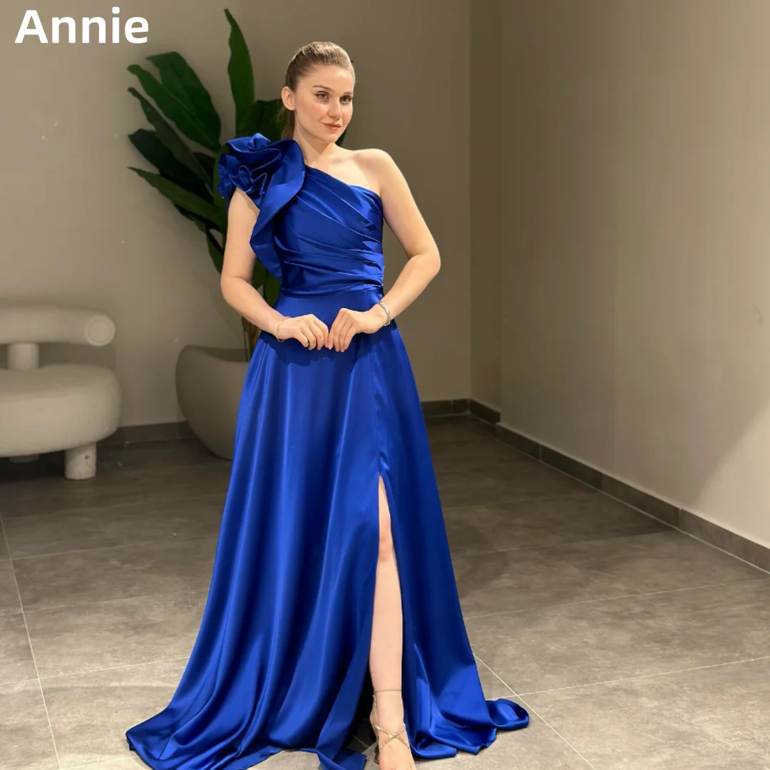 

Annie Blue Wedding Dress Hand-curled Satin Elegant Prom Dresses Sexy One Shoulder Slit Formal Occasions Vestidos De Fiesta