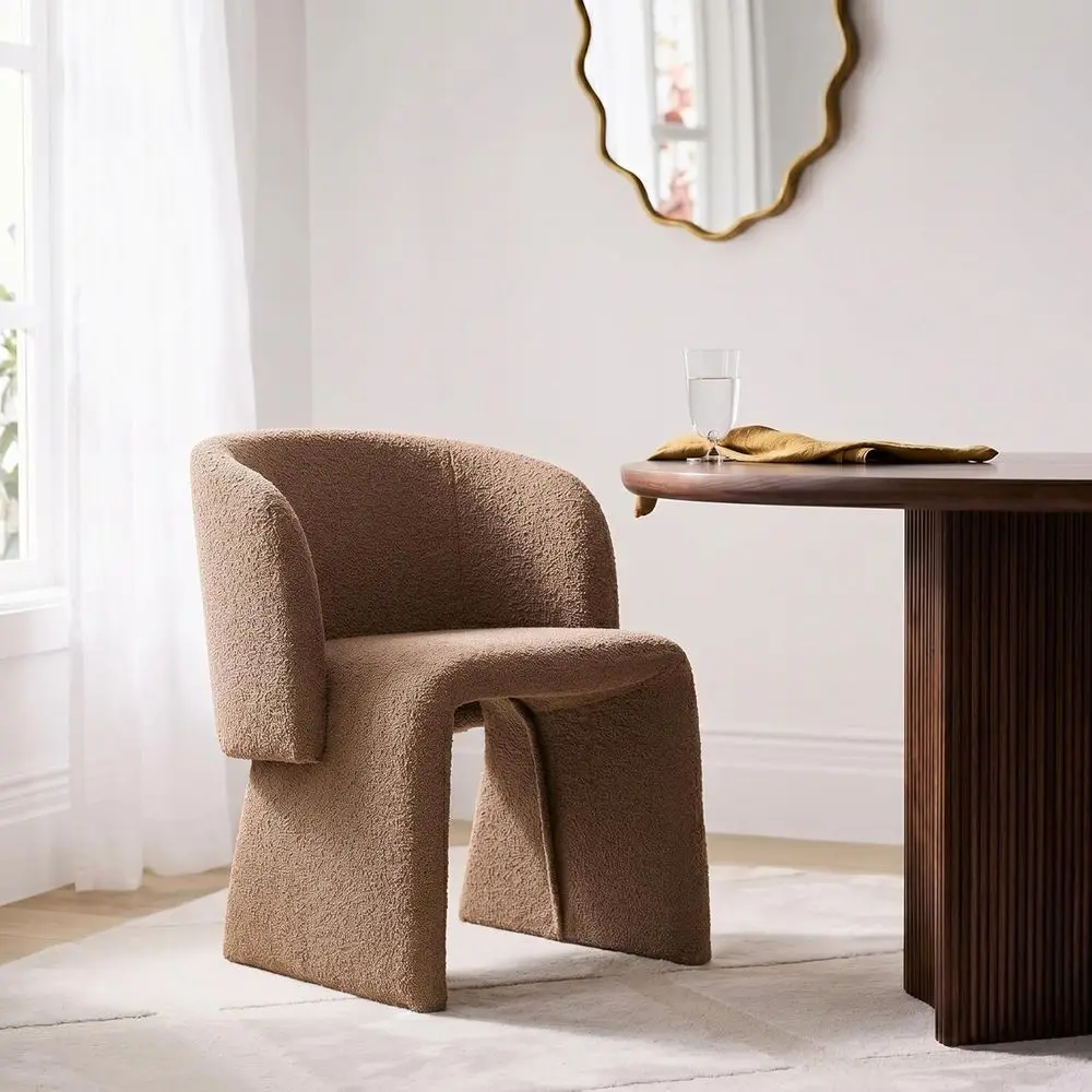 Upholstered Dining Chair with Arms, Suitable for Kitchen or Living Room, Brown, Rounded Back Accent Chair