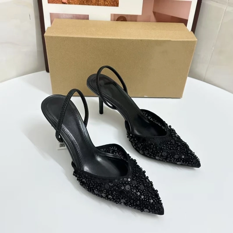 جديد مطرز شبكة Slingback الكعوب للنساء الفاخرة أشار تو كعب مضخات مكتب سيدة مضخات الصيف خنجر الأحذية الصنادل 2025