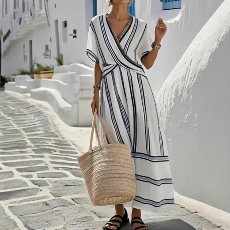 

Dresses 2025 Woman Striped Print Long Dresses Summer Fashionable Casual Loose V-neck Beach Vacation Dress Pocket Dress Females