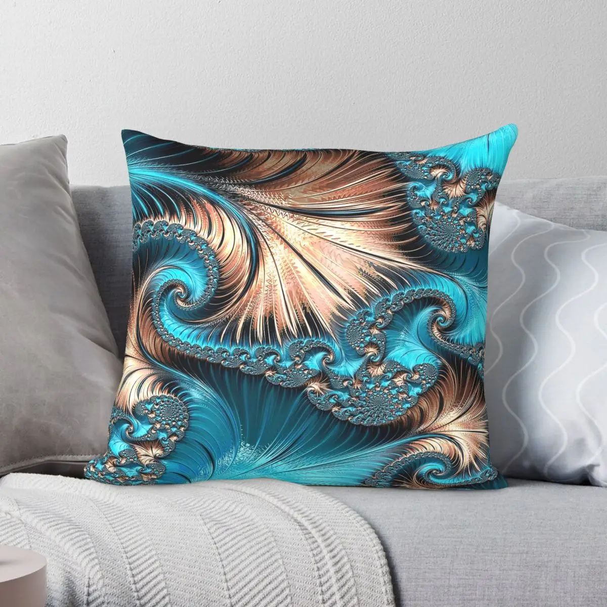 Elegant Copper Teal Fractal Square Pillowcase Polyester Linen Velvet Creative Decorative Pillow Case Car Cushion Wholesale 45x45