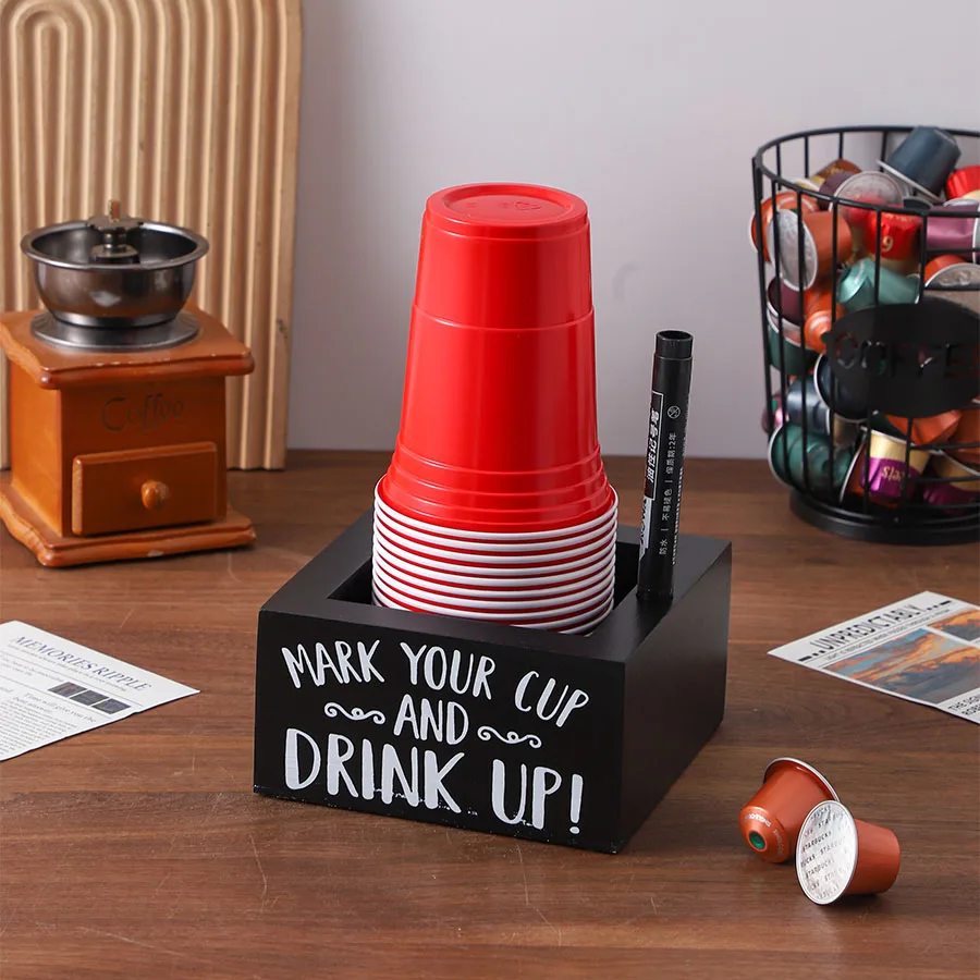 Black Wooden Cup Dispenser with Marker Holder, Party Plastic Cup Storage Organizer for Coffee Bar Kitchen Counter Decor