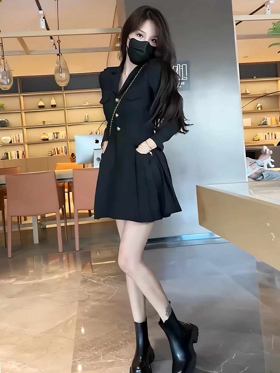 

Ele утягивающий костюм Dr, женский весенне-осенний новый костюм трапециевидной формы с высокой талией, французский костюм на пуговицах Dr