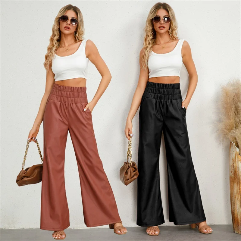 

Ladies Solid Color High Waist Fit Pocket Leather Pants Autumn And Winter British Temperament Joker Bell Bottoms