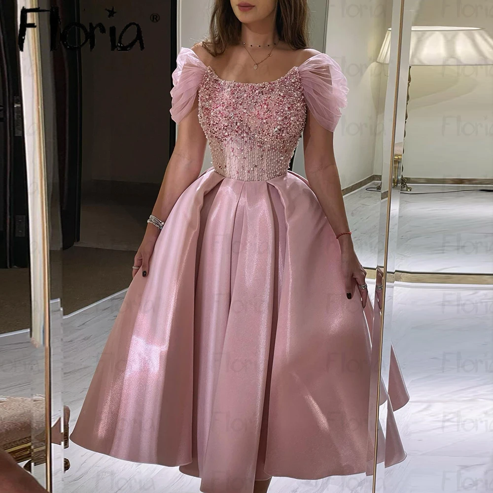 Blush Pink Midi Long Prom Dress Two Pieces Ball Gown Wedding Party Dress Boat Neck Luxury Celebrity Gown Evening Dress Women