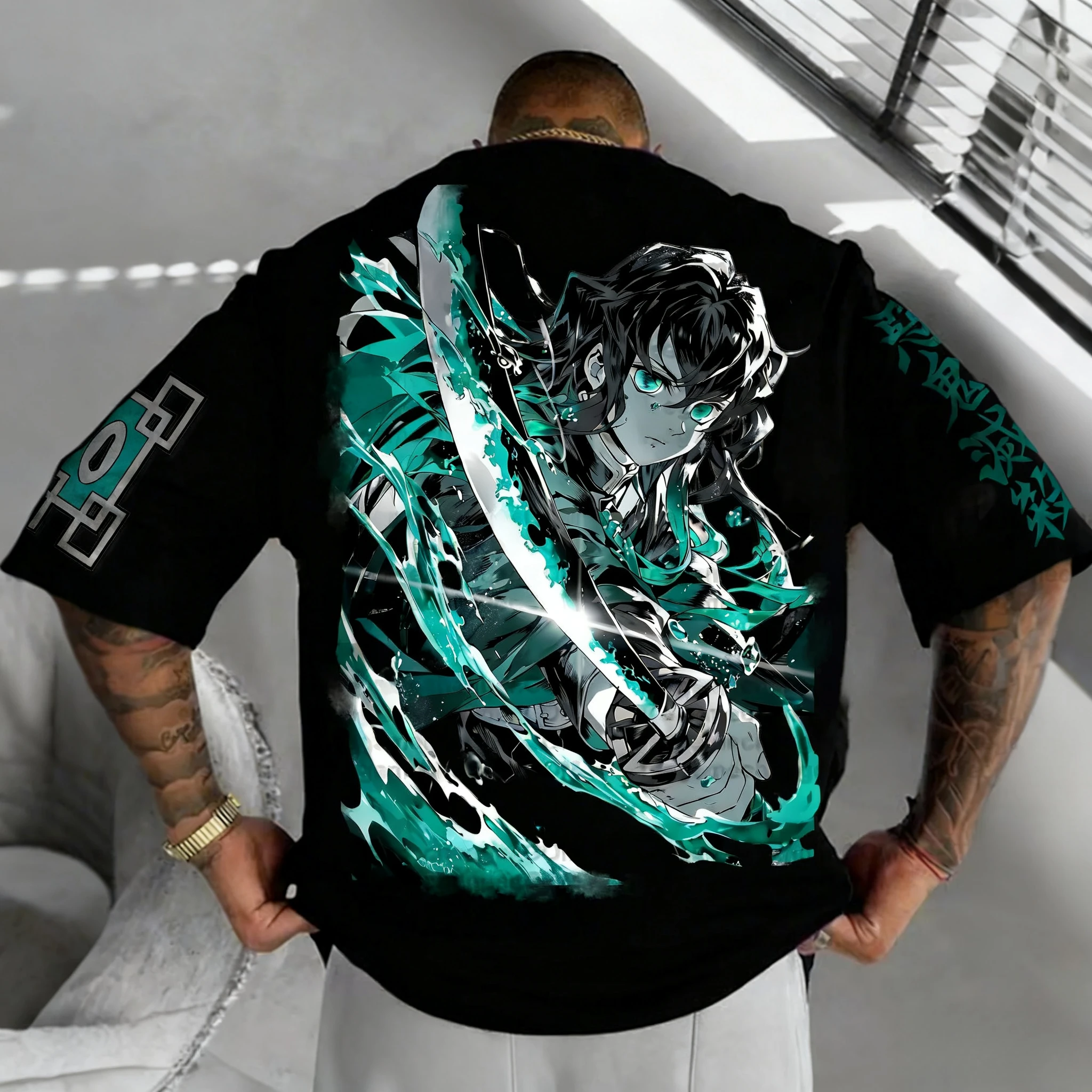 Camiseta de Anime Demon Slayer para hombre, novedad de verano, Tokitou Muichirou, estampado colorido Harajuku, Top informal holgado para padres e hijos