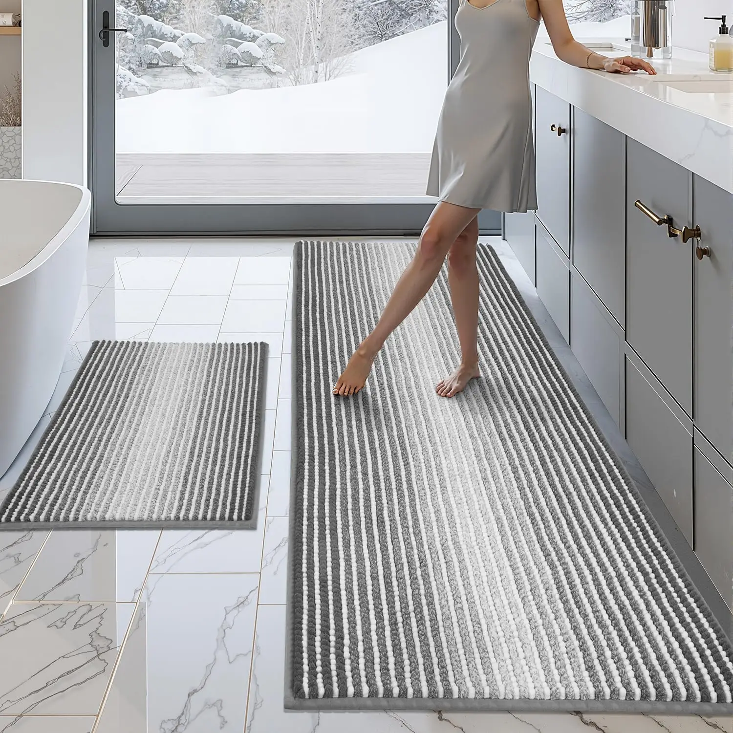 

Thick Absorbent Chenille Bath Mat Rug Set, 2-Piece Non-Slip Soft Shaggy Floor Mats for Bathroom, Machine Washable (Gray)