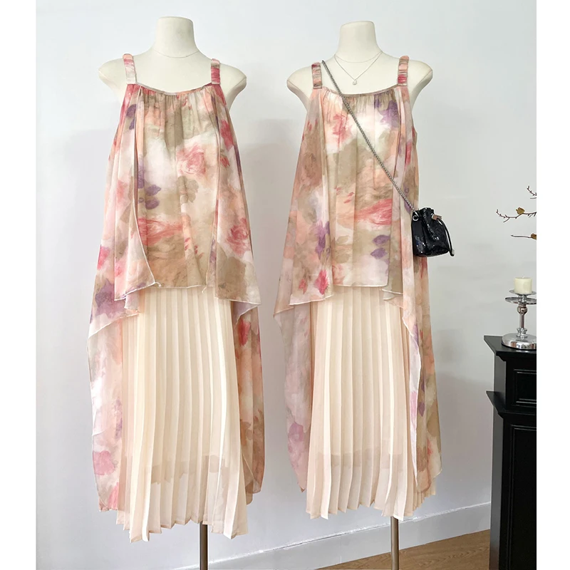 

Fake Two Piece Pleated Dress Tie-Dye Printed Midi Dress Elastic Strap Sundress Summer Fashon Loose Casual Vest Dress Female 2024