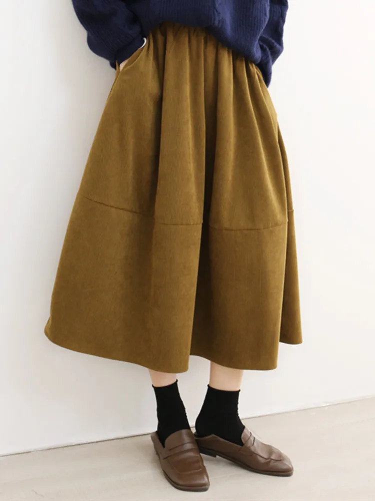 

Retro Corduroy A-Line Midi Skirt Women's Autumn Winter Slimming Half-length Umbrella Skirt Korean Style High Waist Pure Color