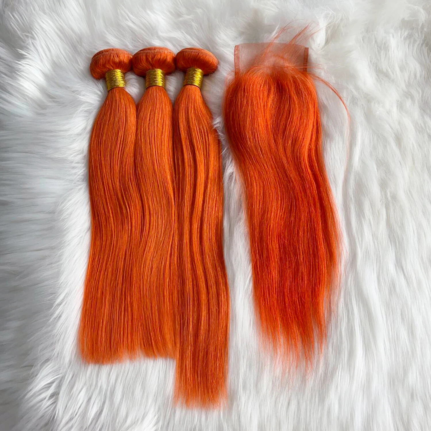 Orange Straight Human Hair Bundles With Closure 3 Bundles With Closure Brazilian Remy Hair Weave Bundles With 4x4 Lace Closure