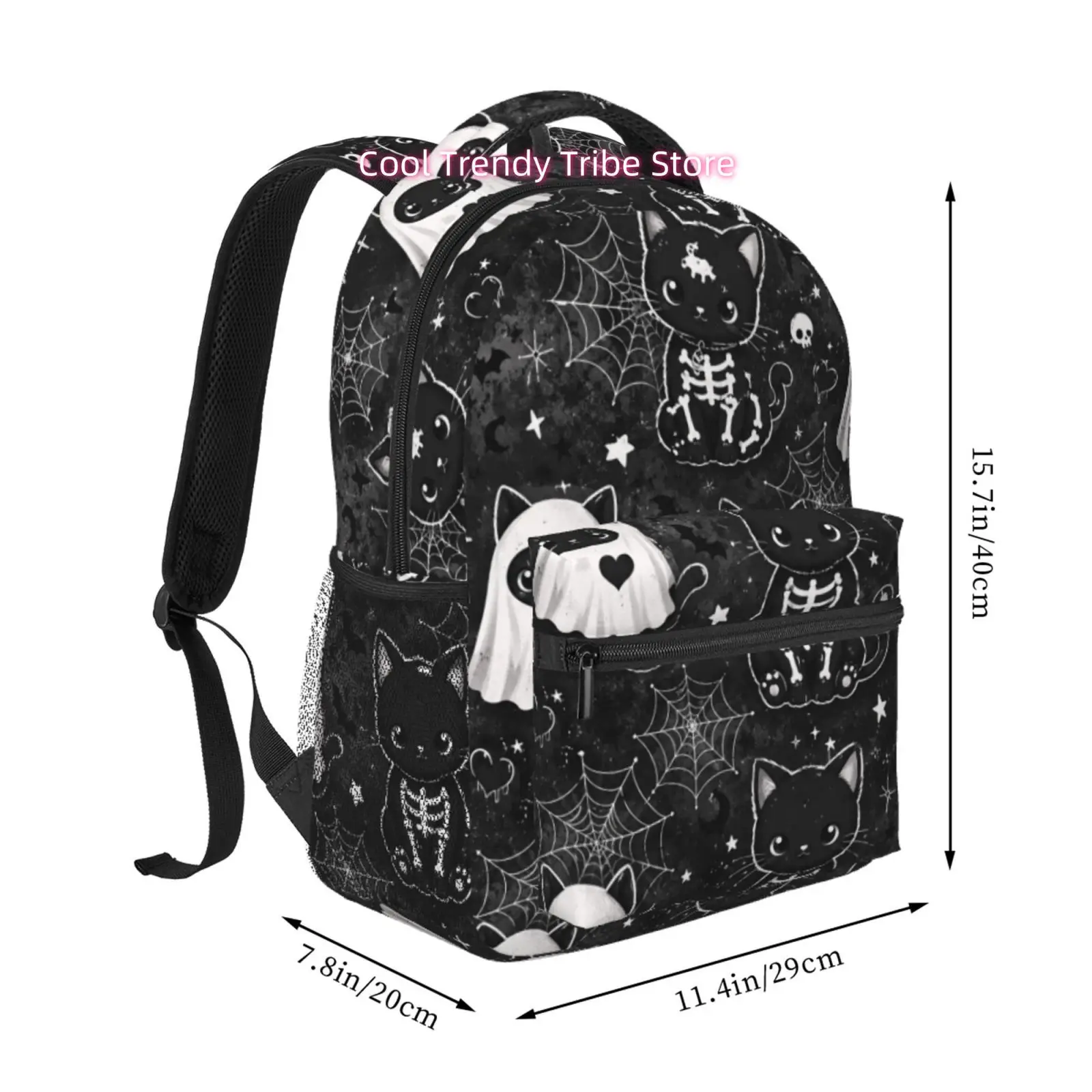 Halloween-Themed Black Skeleton Cat Backpack Suitable for Travel, & Daily Use - Adjustable Laptop with Tablet Compartment, Light