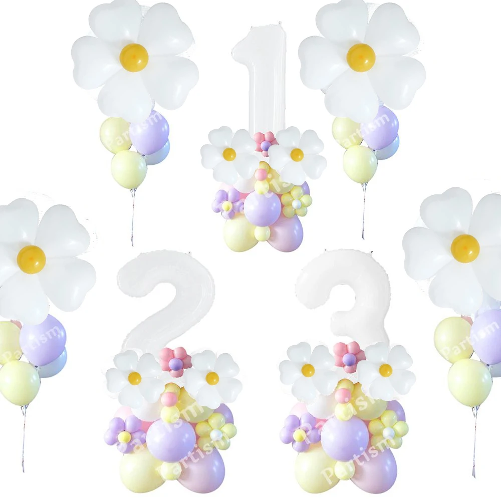 44pcs Daisy Flower Balloon Set 32inch 1-9 White Digital Balloon Tower For Kids Happy Birthday Party Decoration DIY Crafts Supply