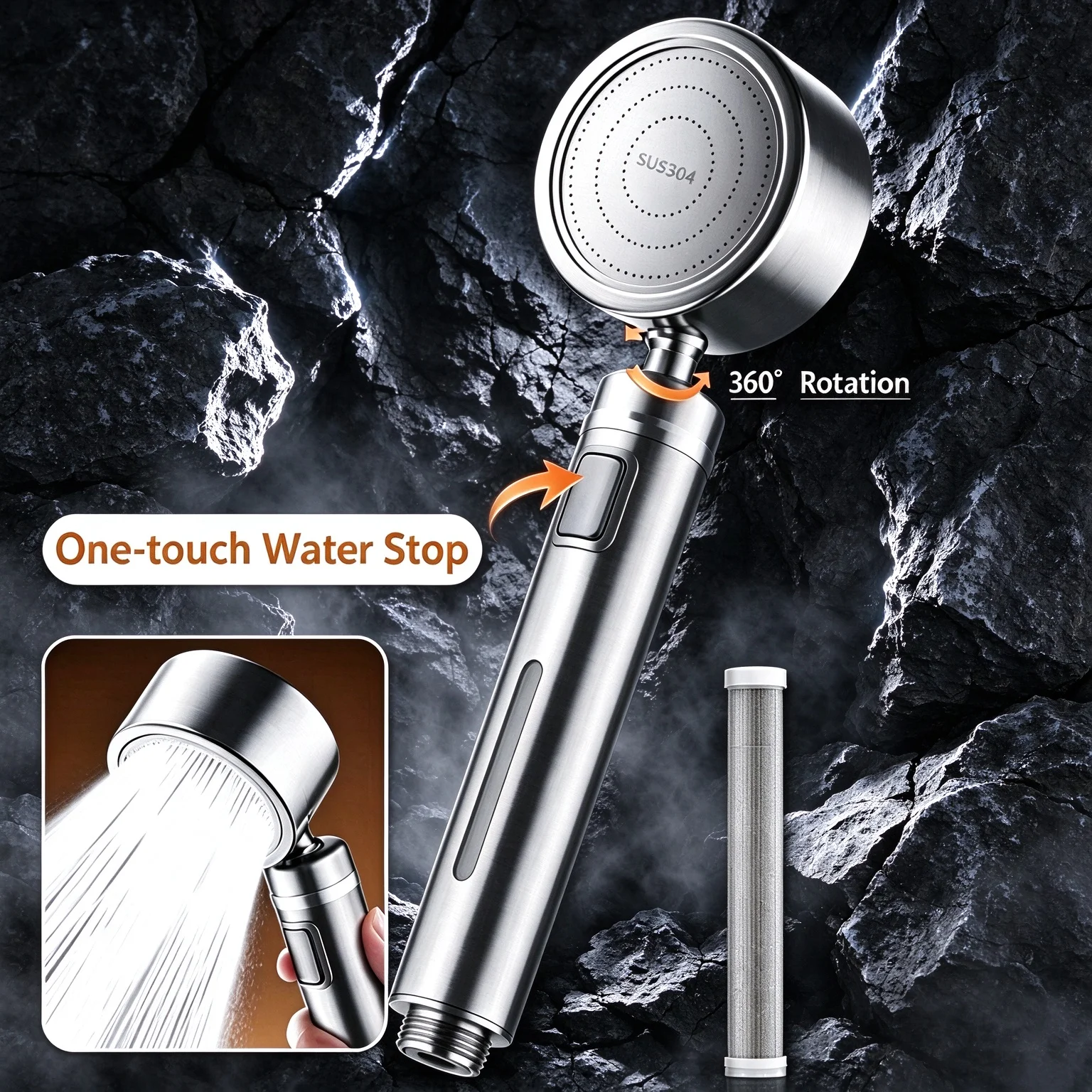 304 Stainless Steel Filter Shower Head Drop-Resistant Handheld Shower Nozzle with 2M Hose and Wall Bracket Bathroom