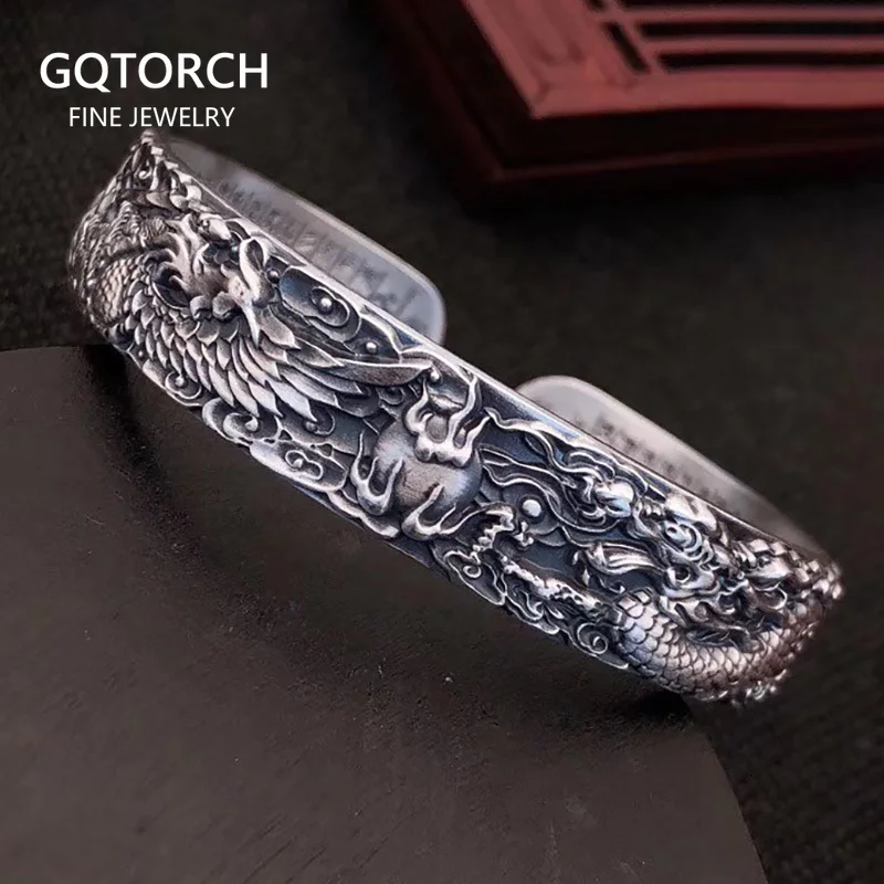 Real 999 Pure Silver Dragon and Phoenix Bangles for Men Heart Sutra Engraved Vintage Opening Adjustable Bracelet