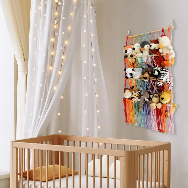 

Stuffed Animal Storage 3-Tier Boho Plush Hammock Net With Tassels Space-Saving Nursery Storage & Organization Products For