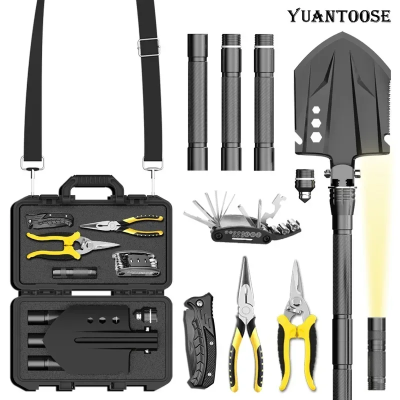 Outdoor-Campingschaufel mit Multifunktions-Überlebenswerkzeug, Kompass, Klappspaten aus Aluminiumlegierung, Messer, Schneeschaufel, Schultergurt