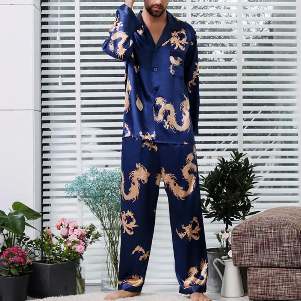 Imitation Silk Men Women Pajamas Set Dragon Print Couple Sleepwear Nightclothes Two-piece Pajama Homewear Pnats Set Loungewear