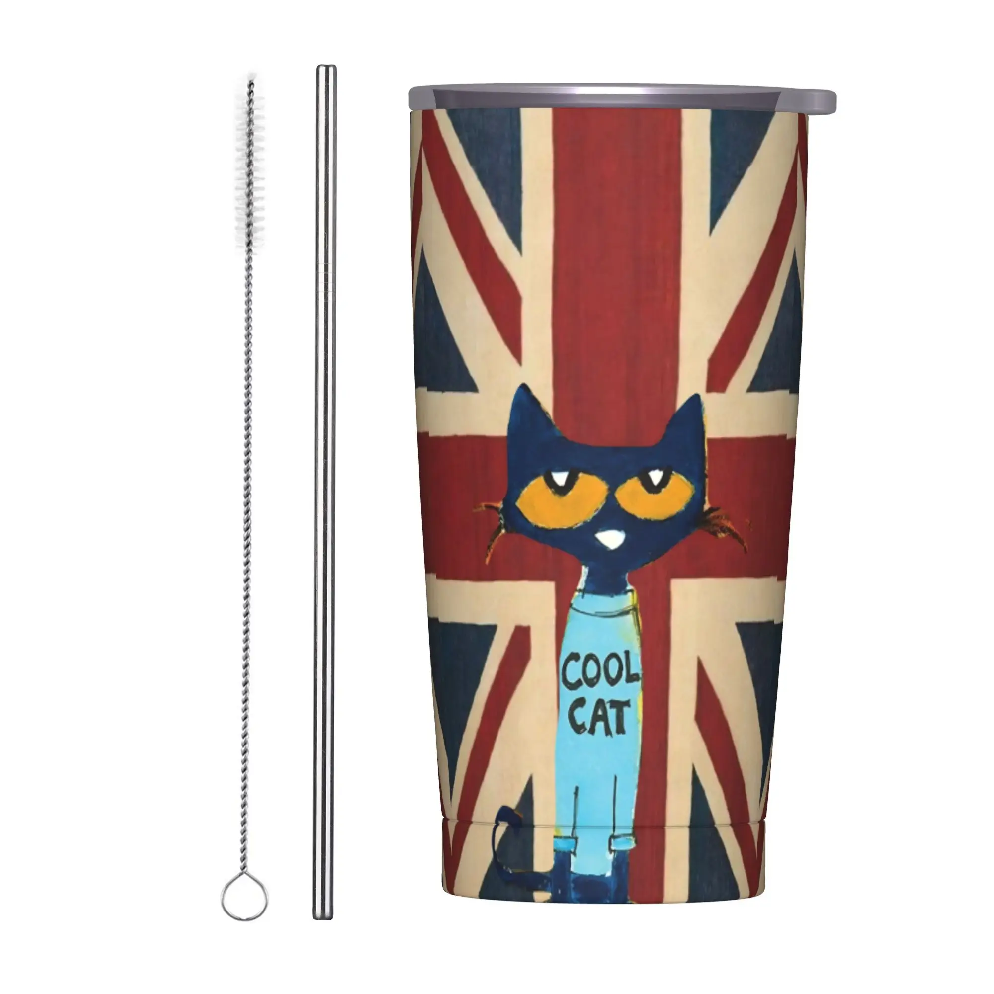 Pete The Cat British England Insulated Tumbler with Lid  Vacuum Thermal Mug Office Home  Bottle Cups, 20oz