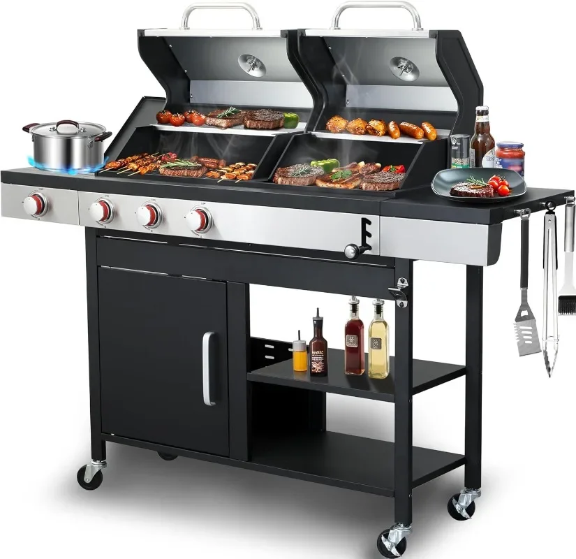 Charcoal and 3-Burner Propane Gas Combo Grill with Side Burner & Porcelain-enameled Cast Iron Grates, Dual Fuel BBQ Combo Grill