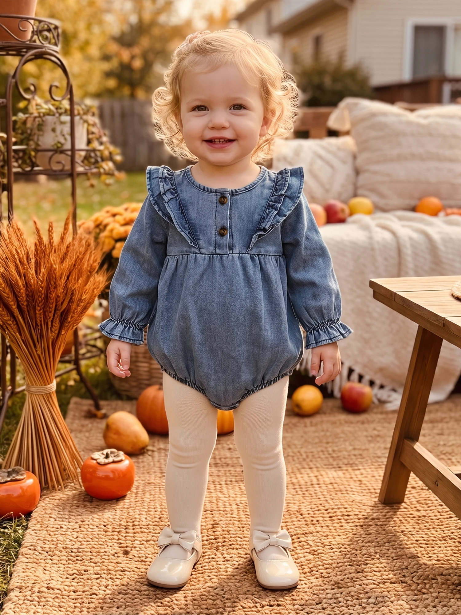 Romper Long Sleeve Denim Romper Long Button Sleeve Sleeve-Button Girls Denim Long Baby Girls Durable