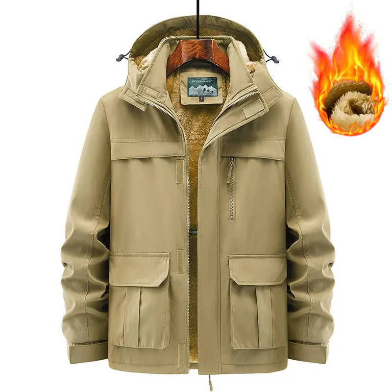Winter Men's Workwear Hooded Padded Jacket With Multi Pocket Streetwear Casual Thick Warm Fleece Lined Outdoor Parker Coats
