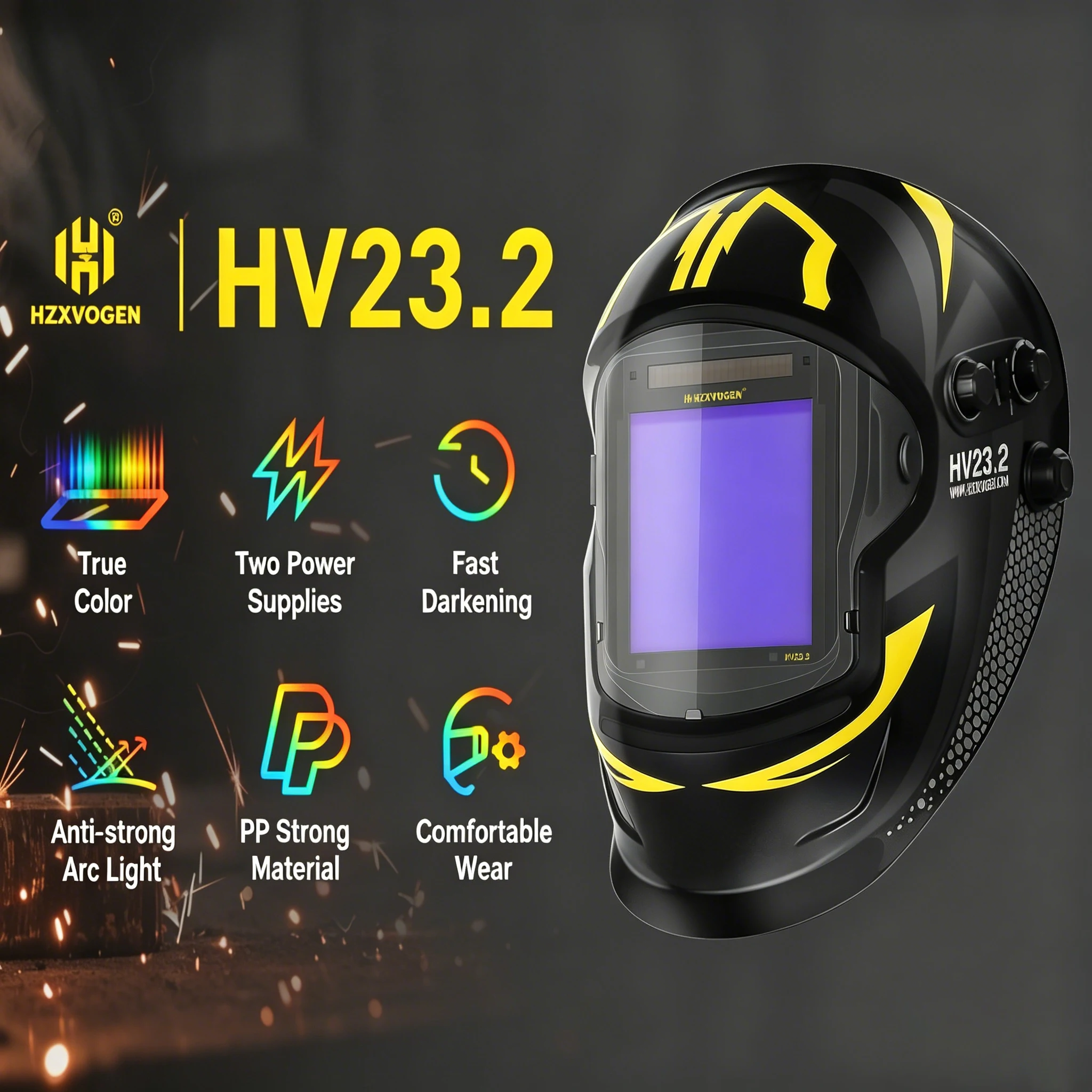 HZXVOGEN HV23.2 True-Color Automatisch abdunkelnder Schweißhelm mit 4 Lichtbogensensoren, solarbetrieben, austauschbarem Lithium-Akku, Dual-Power, 3 Modi (Schleifen/Schneiden/Schweißen), verstellbarer