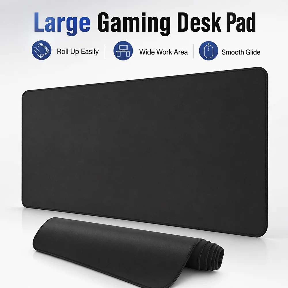 Large Gaming Desk Pad Black Extended Mouse Mat Rollable Smooth Surface Non Slip Base for Keyboard Mouse Office Computer Desk