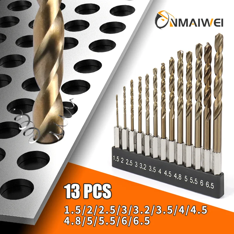 

13pcs High Speed Steel HSS Full Ground Drill Bit Set 1/4 Hex Shank 1.5-6.5mm tungsten carbide Twist drill bit for Hardened Metal