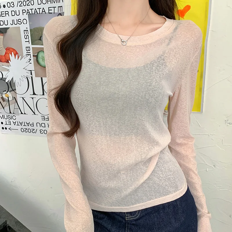 Sunscreen Long Sleeve Thin T Shirt For Women Spring Summer Korean Fashion Pink Tshirts O Neck Basic Solid Tees Slim Tops Mujer