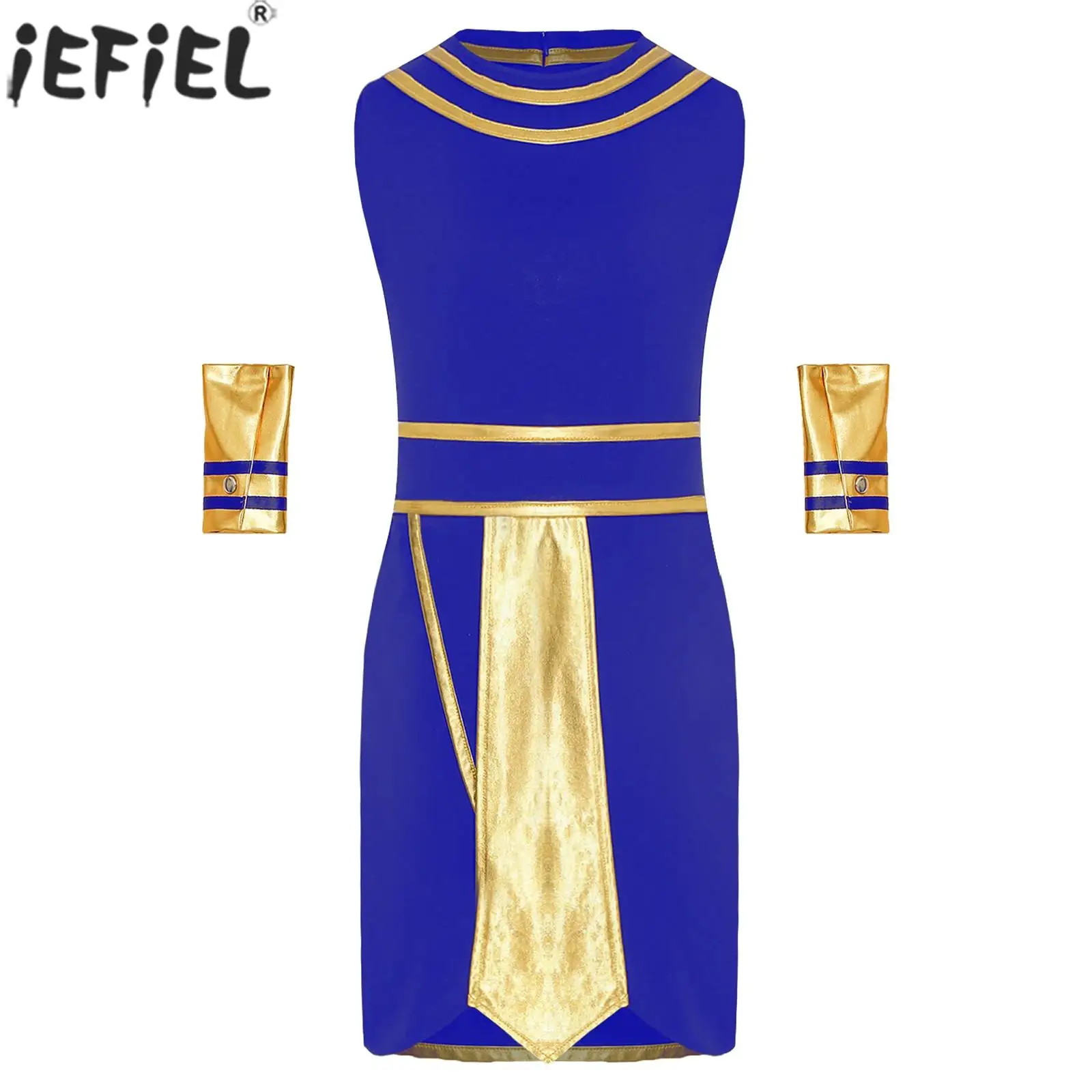 6-16Y Boys Halloween Theme Party Egyptian Pharaoh Ancient Egypt King Cosplay Performance Costume Sleeveless Robe with Cuffs Set