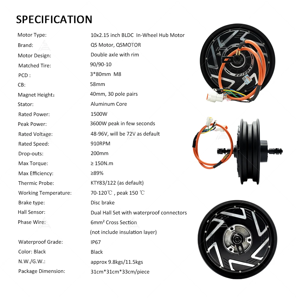 1500W QS219 Electric Motorcycle Wheel Hub Motor Kits 72V with Controller ND72260 Speedometer Throttle Set