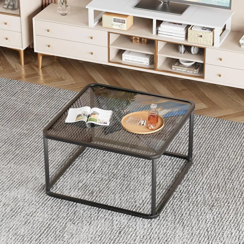 طاولة قهوة زجاجية حديثة وبسيطة لغرفة المعيشة أو المكتب، أسود ورمادي، 26.4 × 26.4 × 15.7، إطار قوي، سهل التجميع #6