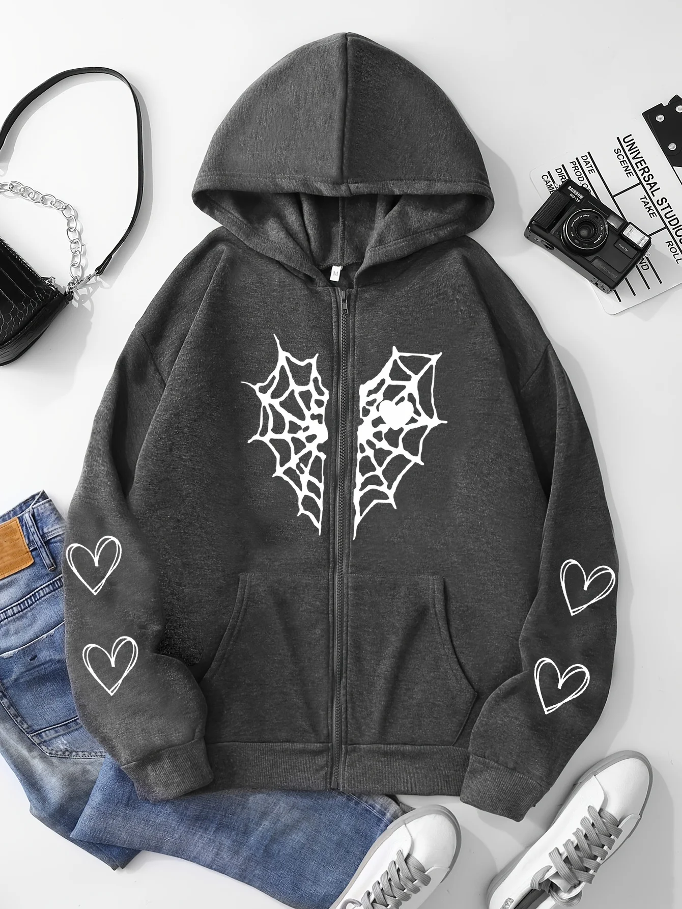 Hot Sale Women's Hoodie Cute Spider Web Heart Print Zip-up Sweatshirt Fall Winter Female Urban Casual Fashion Hooded Jacket Kids