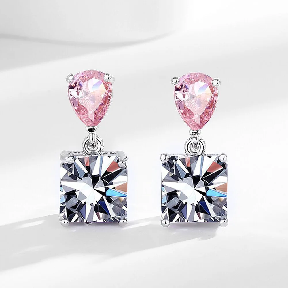 

Stylish and Sweet 925 Sterling Silver Pink Water Drop Zircon Square Zircon Color Matching Women's Elegant Stud Earrings