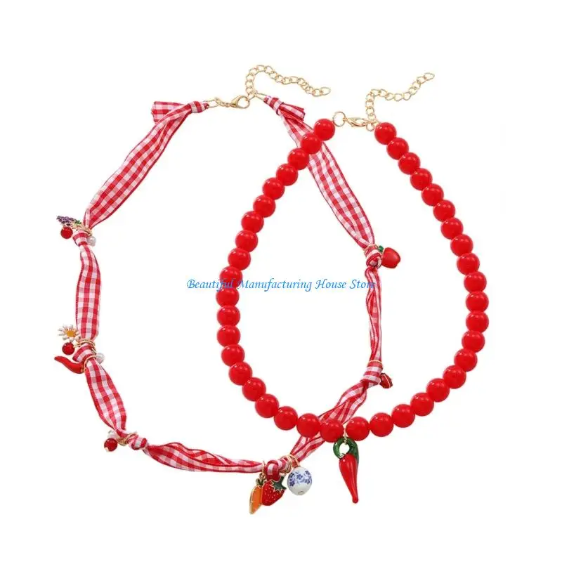 

E56A Fashionable Multi Strand Strawberry Chili Necklace Adjustable Stackable Beads Jewelry Lightweight Clavicle Chain Gift