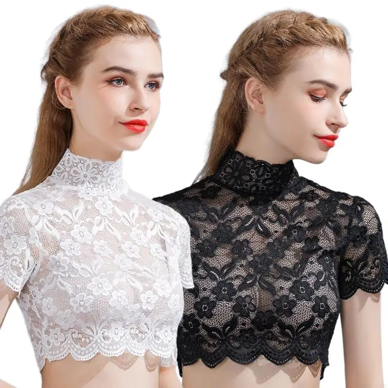 

B95F Women Turtleneck Detachable Collar Elegant Floral Lace Short Sleeve Half Blouse Shirt Pullover Lining Dickey Crop Top