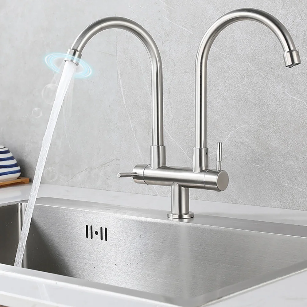 Tianview Kitchen faucet 304 stainless steel double tube single cold dish basin faucet household brushed  curved kitchen faucet