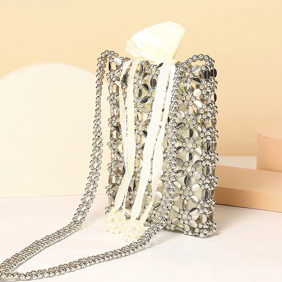 New hand-beaded braided dinner bag woman hollow out design chains shoulder crossbody bag Silver mini bucket bag purse handbag