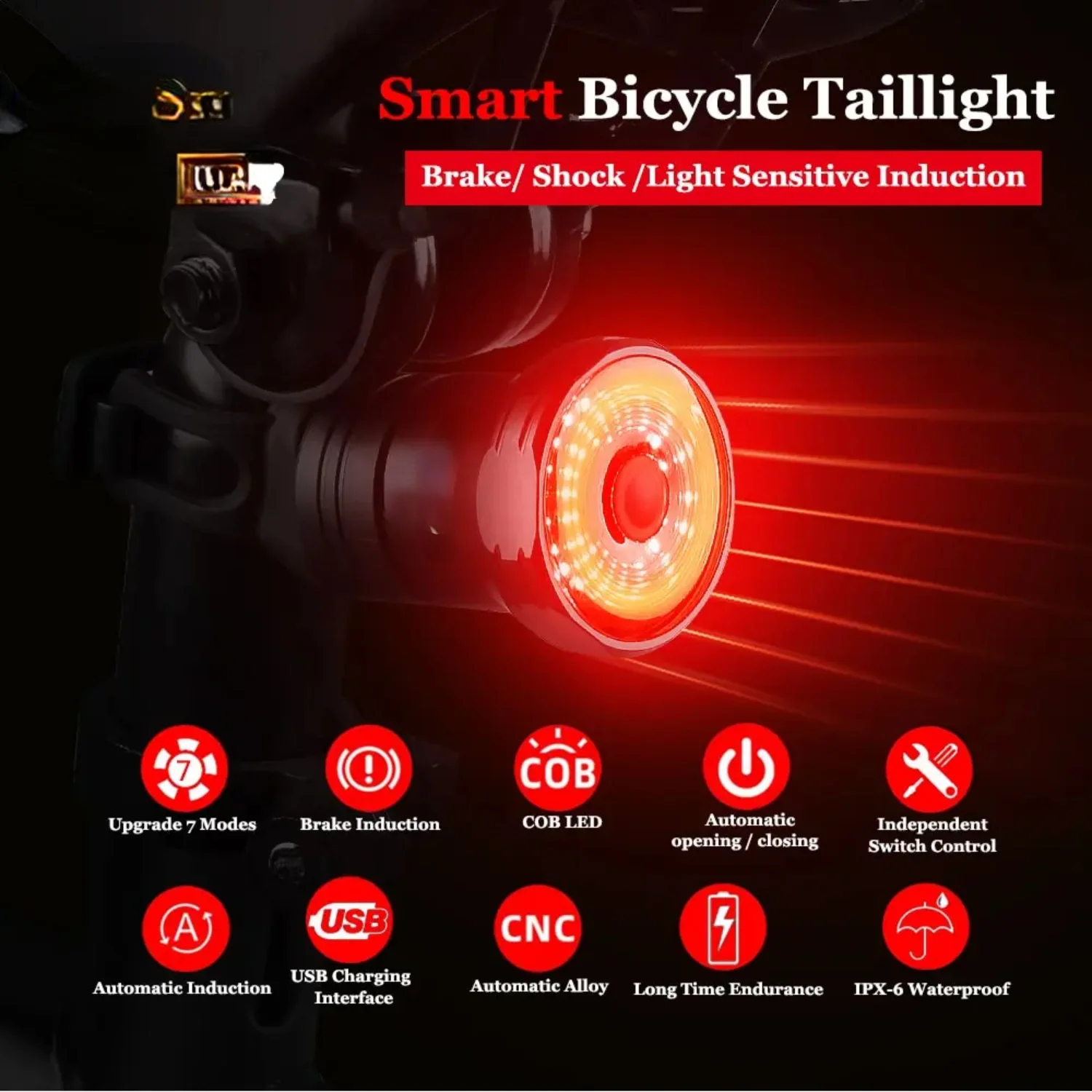 

Bike Rear Light Smart Brake Sensing Light Bicycle Tail Light IPX6 Waterproof Charging Taillight Cycling Accessories