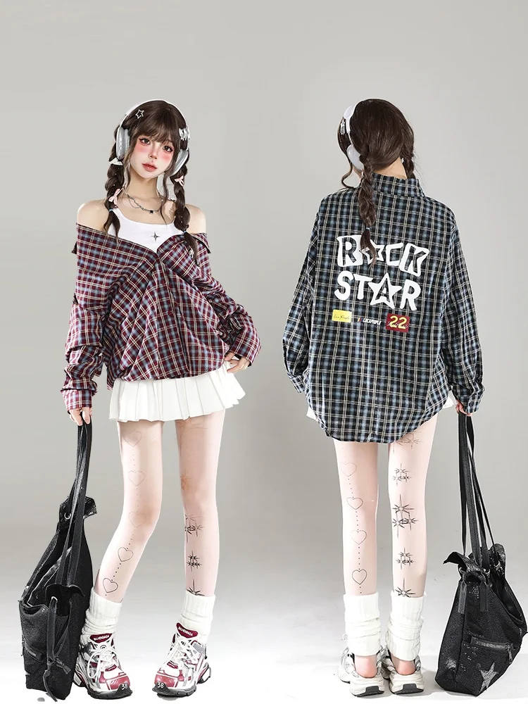 

2026 American Design Sensation Plaid Long Sve irt Women's Autumn College Sle Casual Loose irt Jaet