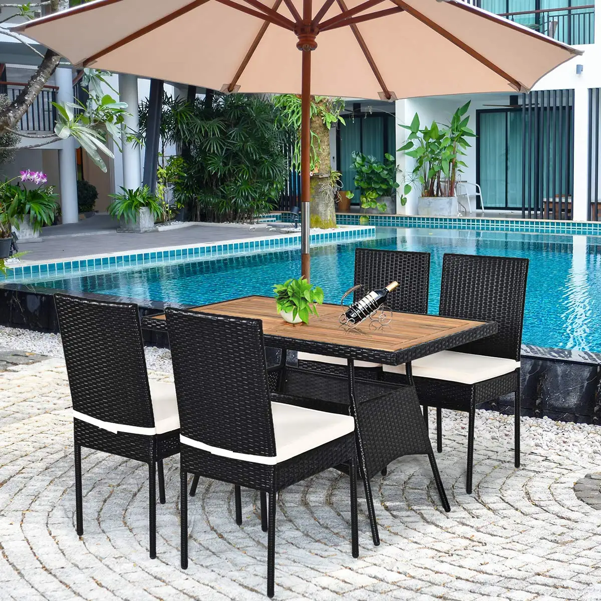 5 Piece Wicker Patio Dining Set, Outdoor Rattan Table & Chairs With Cushions For Garden Poolside, Wood Top, Customized