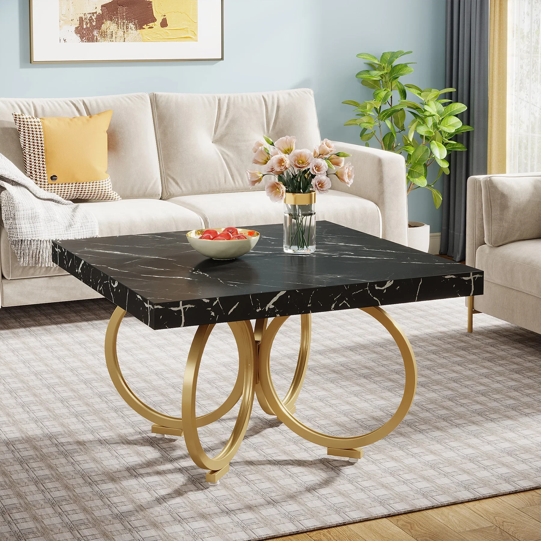 Tribesigns Square Coffee Table, 31.5 Inch Modern Black Cocktail Table with Gold Geometric Frame, Faux Marble Center Table